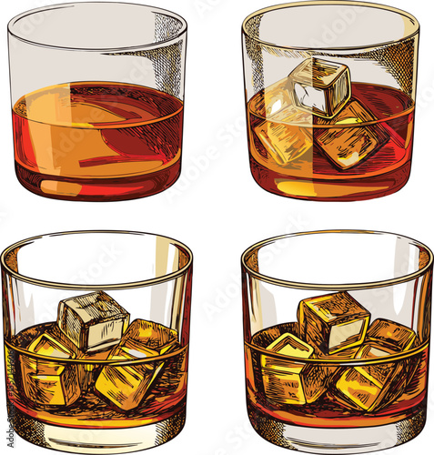 Whiskey Glasses with Ice Cubes Hand Drawn Illustration Set