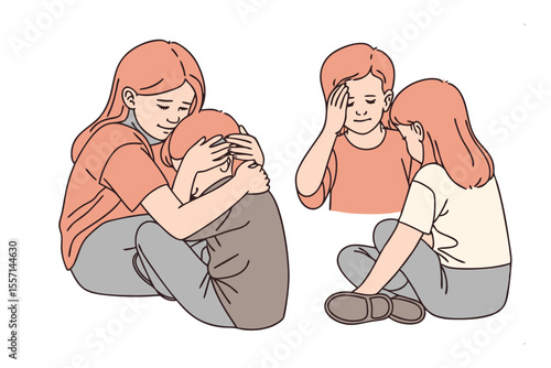 Comfort and Understanding: Gentle figures offer comfort to those in distress. Embracing empathy, offering solace, and fostering a sense of belonging and support in a compassionate illustration.