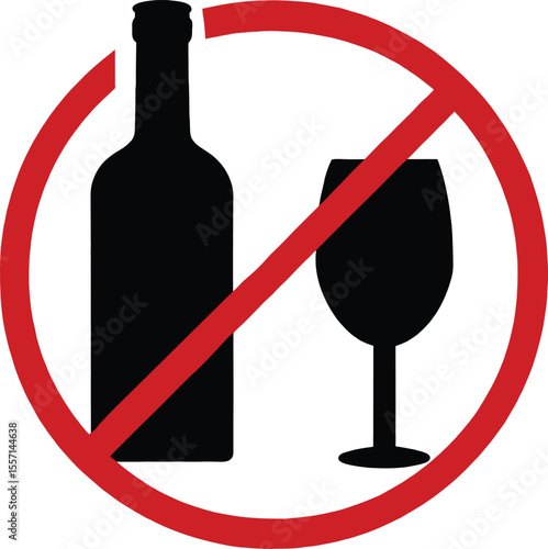 No Alcohol Sign with Red Circle and Slash Over Wine Bottle and Glass