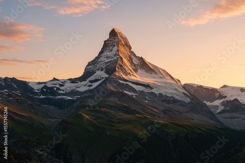 Scenic panorama of the Swiss Alps featuring the Matterhorn as seen from a mountain village