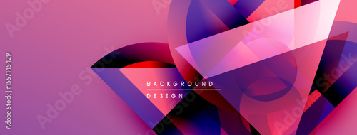 Abstract geometric shapes overlap, creating vibrant pink, purple hues. Modern design elements suggest dynamic composition.