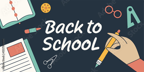 hand writes a text Back to School on a blackboard with chalk, stationery items on background. Modern collage style. Vector.blackboard, advertising, back to school, chalk, class, classroom, college, 
