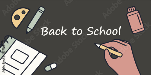 hand writes a text Back to School on a blackboard with chalk, stationery items on background. Modern collage style. Vector.blackboard, advertising, back to school, chalk, class, classroom, college, 