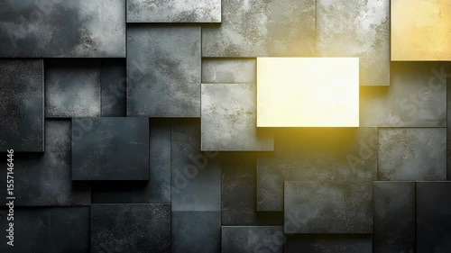 Dark abstract background composed of textured concrete-like square tiles, with one prominent bright golden tile standing out.