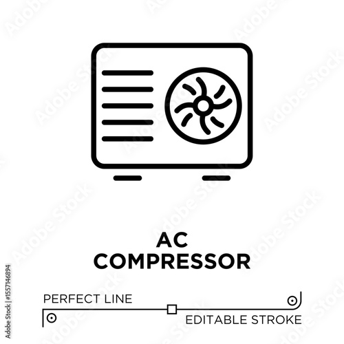 The line icon vector illustrates an air conditioning system that functions to pump and compress refrigerant. The line icon is isolated on a transparent background and can be edited as needed