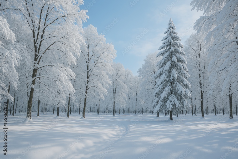 Fototapeta premium Winter Wonderland: Snow-covered Forest with Frozen Ground and Icy Trees