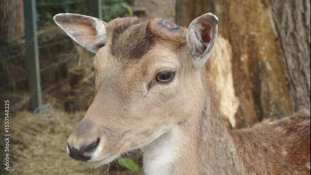 A close-up of the face of a deer that has shed its antlers A close-up of the face of a deer that has shed its antlers
