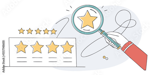 Hand with a magnifying glass look at the fifth star in a row. User experience. Service rating. Modern collage style. application, approval, assessment, best, choice, client, evaluation, excellent, 
