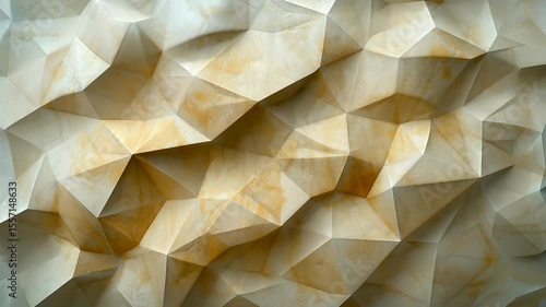 Textured abstract surface made of polygonal geometric forms resembling carved stone or mineral structure. Natural tones and faceted design