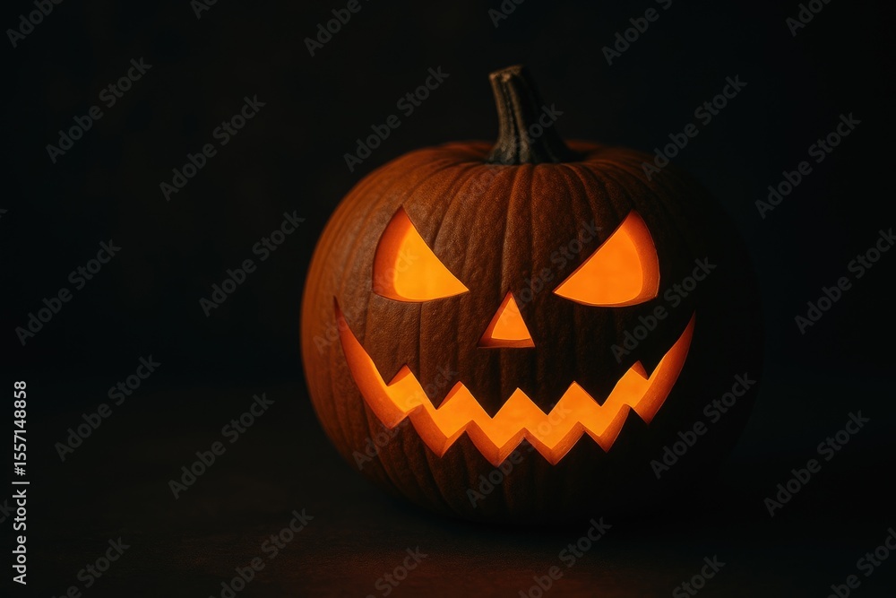 Fototapeta premium Spooky Halloween celebration featuring a pumpkin with a brown exterior and orange interior against a dark backdrop