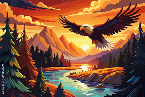 vector of An eagle soaring over a river in the vibrant golden light of sunset...