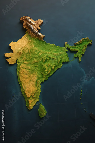 3D Topographical Map of India Showing Detailed Terrain and Elevation

