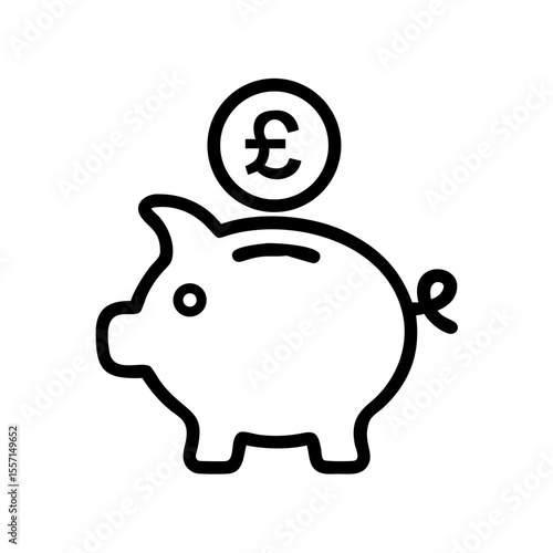 Piggy bank with pound sterling coin going into it outline icon. Black illustration, vector. Modern minimal flat design, white background.