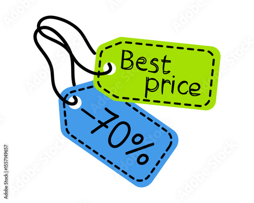 Discount tags showing best price and 70 percent off, perfect for sales promotions in retail environments