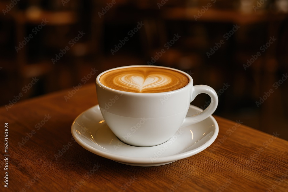 A cozy morning scene featuring a white ceramic cup filled with aromatic coffee, accompanied by milk and floral foam, all set on a wooden table in a charming café. A cozy morning scene featuring a white ceramic cup filled with aromatic coffee, accompanied by milk and floral foam, all set on a wooden table in a charming café.