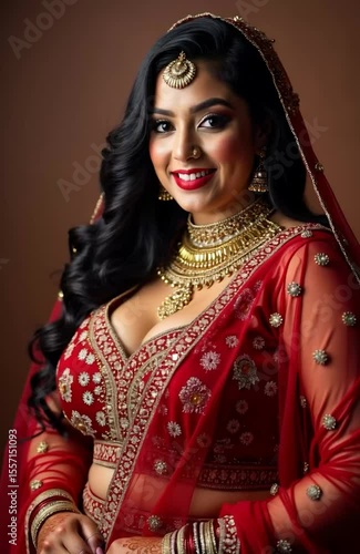 Smiling Indian bride in traditional red embroidered lehenga and gold jewelry posing against studio backdrop, showcasing wedding elegance and festive glamour, Generative Ai.