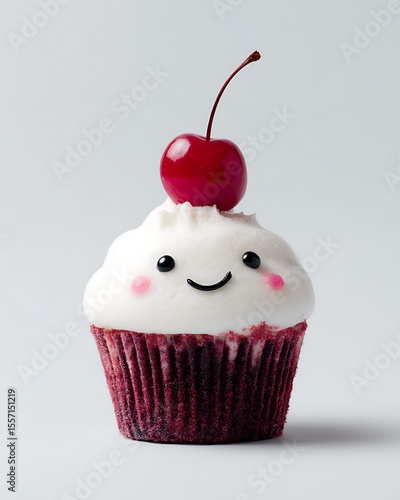 Cheerful cupcake with face and cherry on top on white background