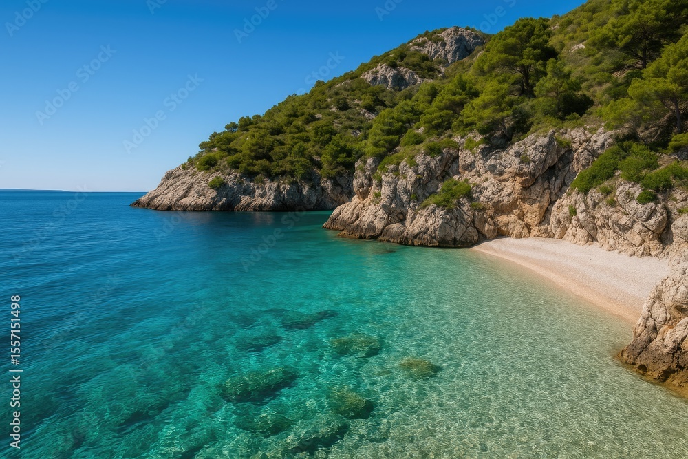 Bright summer day featuring a stunning island with vibrant turquoise waters and dramatic rock cliffs Bright summer day featuring a stunning island with vibrant turquoise waters and dramatic rock cliffs