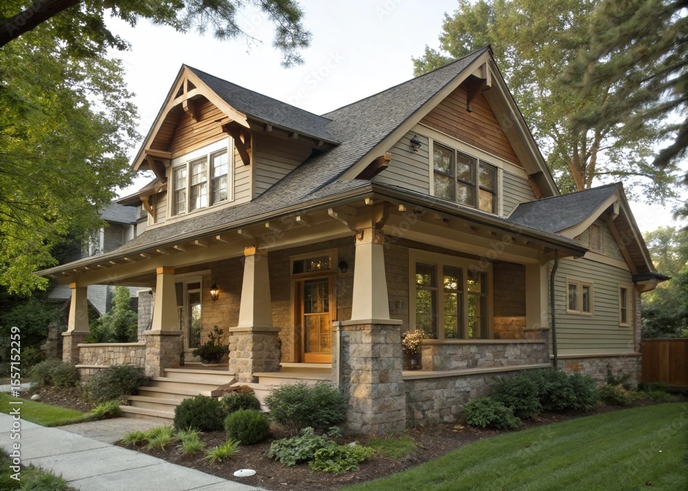 A charming Craftsman-style house with a low-pitched gabled roof, wide eaves with exposed rafters, and decorative beams under the gables. A charming Craftsman-style house with a low-pitched gabled roof, wide eaves with exposed rafters, and decorative beams under the gables.