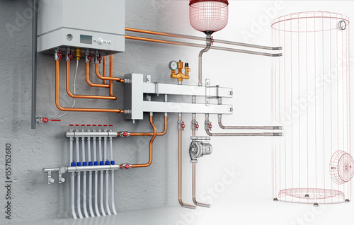 Layout of Industrial Boiler Room Interior with Pipes, Valves, Machinery and Heating System Equipment, 3D Rendering, wireframe