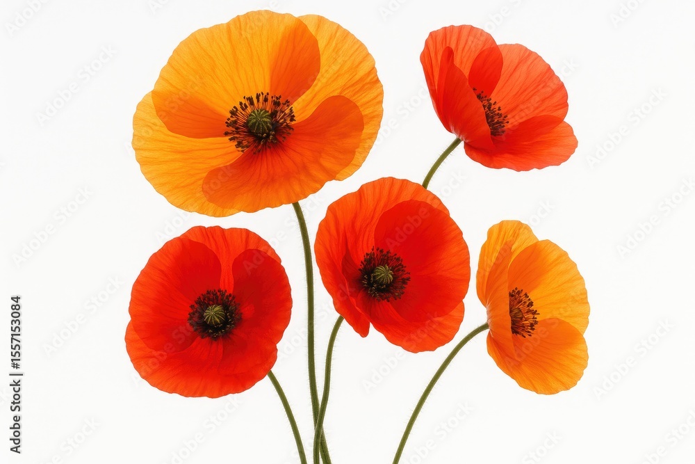Obraz premium Close-up of vibrant orange and red poppies against a white backdrop, highlighting detailed macro features with extensive depth of field. Represents dreams, forgetfulness, and creativity.