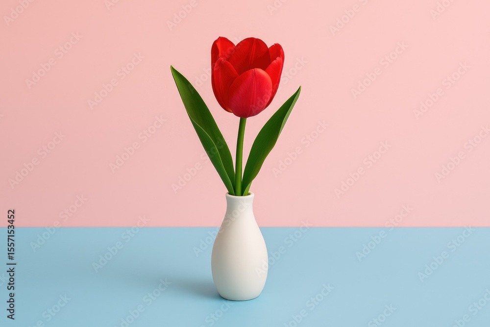 Fototapeta premium Single vibrant tulip in a white container against a pink and blue background