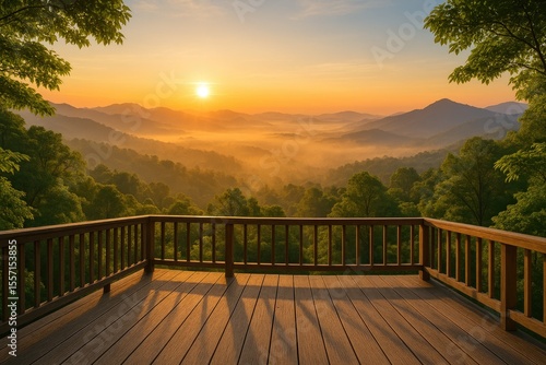 Fototapeta Naklejka Na Ścianę i Meble -  Morning fog over mountain terrace at dawn
