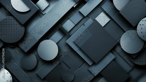 Minimalist abstract background with layered geometric shapes in matte black and grey tones. A mix of circles and squares with textured surfaces, creating a modern, industrial and structured look. 