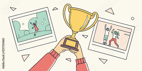 hands holding golden trophy. Modern photo collage style. gold, trophy, achievement, competition, success, celebration, accomplishment, approval, award, badge, best, celebrate, ceremony, challenge, 
