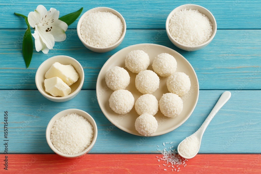 Delicious DIY confections with shredded coconut on vibrant wooden surface Delicious DIY confections with shredded coconut on vibrant wooden surface