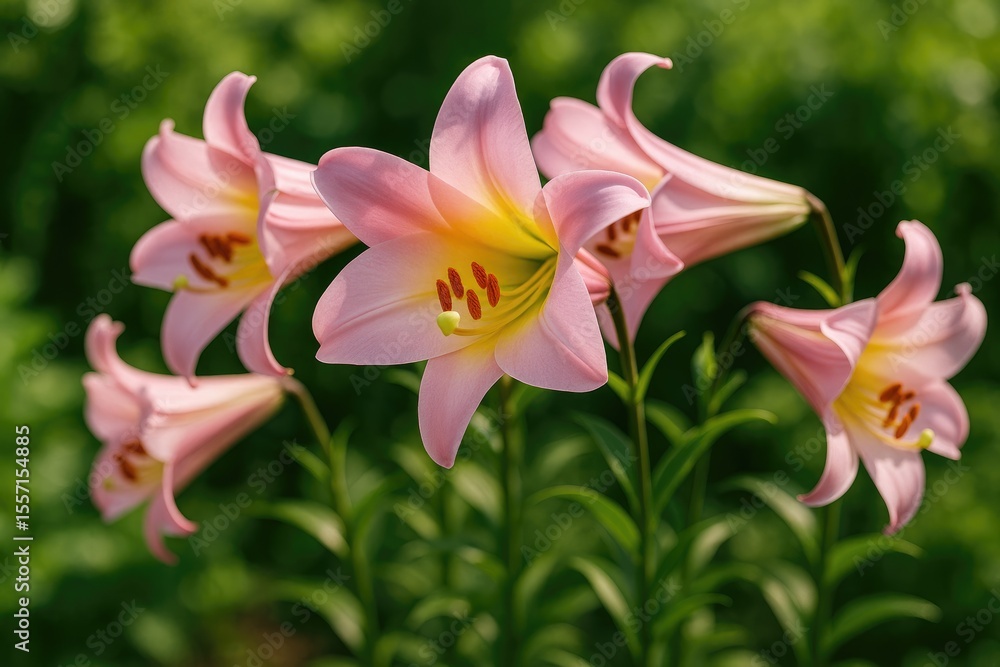 Fototapeta premium Pink trumpet-shaped lilies blooming in the garden