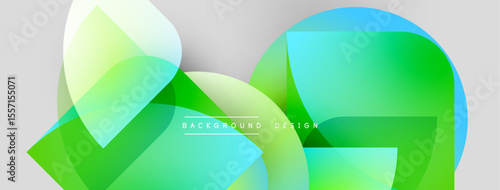 Abstract shapes overlap, creating vibrant green, blue gradients. Light gray background provides subtle contrast. Modern design element.