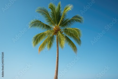 Observing tall coconut trees against a clear blue sky