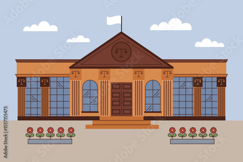 Elegant courthouse building with classical columns and large windows, captured in a clean and minimalist style. The architecture reflects authority, justice, and tradition, ideal for legal, government