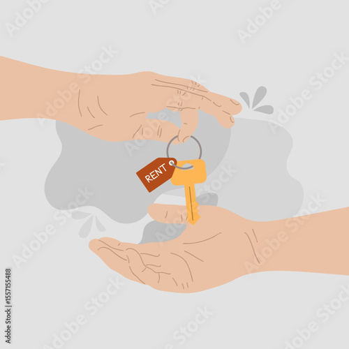 Close-up illustration of one hand handing over keys to another hand.