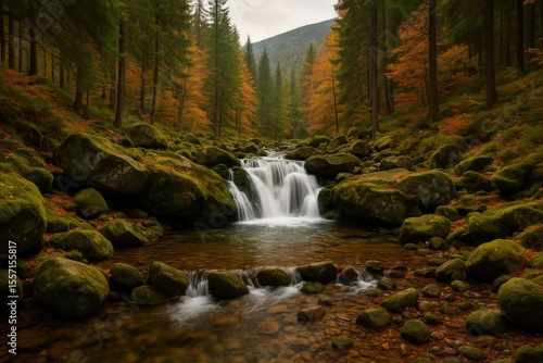 Scenic view of a charming small waterfall amidst forested mountain terrain