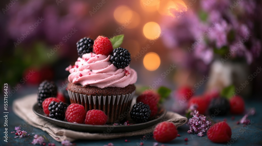 Delectable Chocolate Cupcake adorned with pink frosting, fresh raspberries, and blackberries, a delightful berry masterpiece. Delectable Chocolate Cupcake adorned with pink frosting, fresh raspberries, and blackberries, a delightful berry masterpiece.