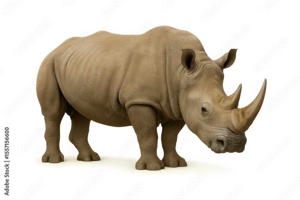 Obraz premium A powerful rhinoceros stands isolated against pure white background — evoking strength, wildlife preservation, bold minimalism. Ideal for conservation campaigns, educational content, branding visuals