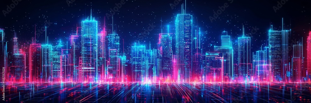 City skyline with glowing blue and red neon skyscrapers against dark background in futuristic cyberpunk style City skyline with glowing blue and red neon skyscrapers against dark background in futuristic cyberpunk style