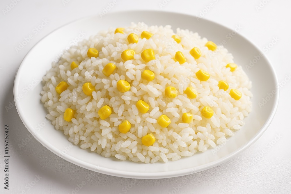 Steamed grains paired with sweet corn served on a white dish Steamed grains paired with sweet corn served on a white dish
