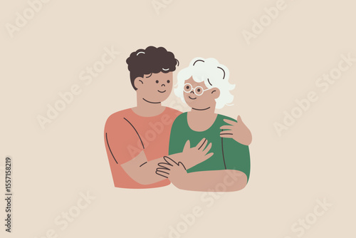 Smiling Adult Son Hugging Aged Mother Illustration