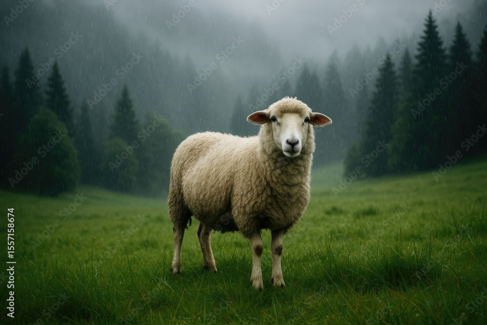 Obraz premium Lambs grazing on lush grass with a shadowy wooded landscape behind, during a misty rainy afternoon