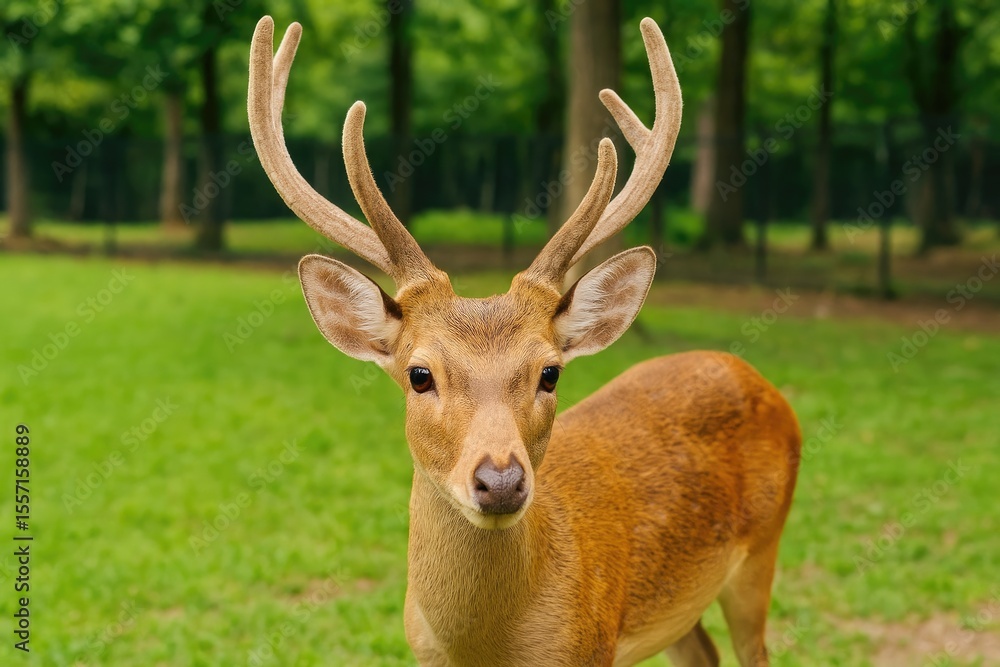 Close-up of a horned deer in captivity with selective focus Close-up of a horned deer in captivity with selective focus