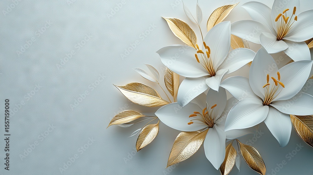 Fototapeta premium Elegant bouquet of white lilies with gold accents.