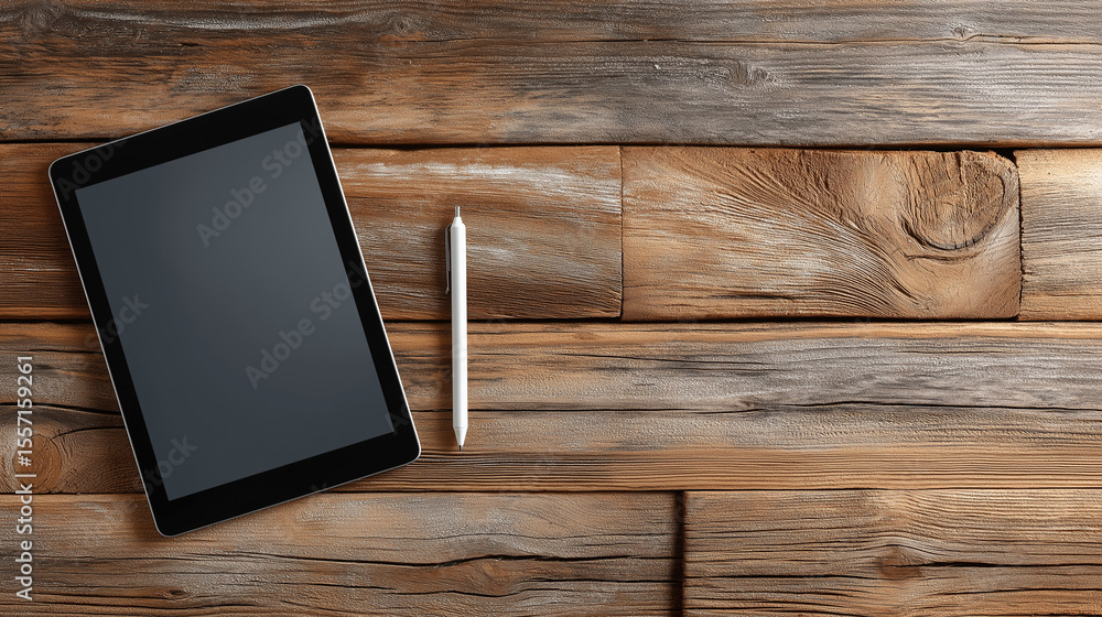 Tablet & Pen on Wooden Desk: Top-Down View Tablet & Pen on Wooden Desk: Top-Down View