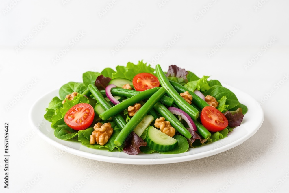 Vibrant vegetarian salad featuring green beans, fresh vegetables, and walnuts served on a white plate during a sunny season Vibrant vegetarian salad featuring green beans, fresh vegetables, and walnuts served on a white plate during a sunny season