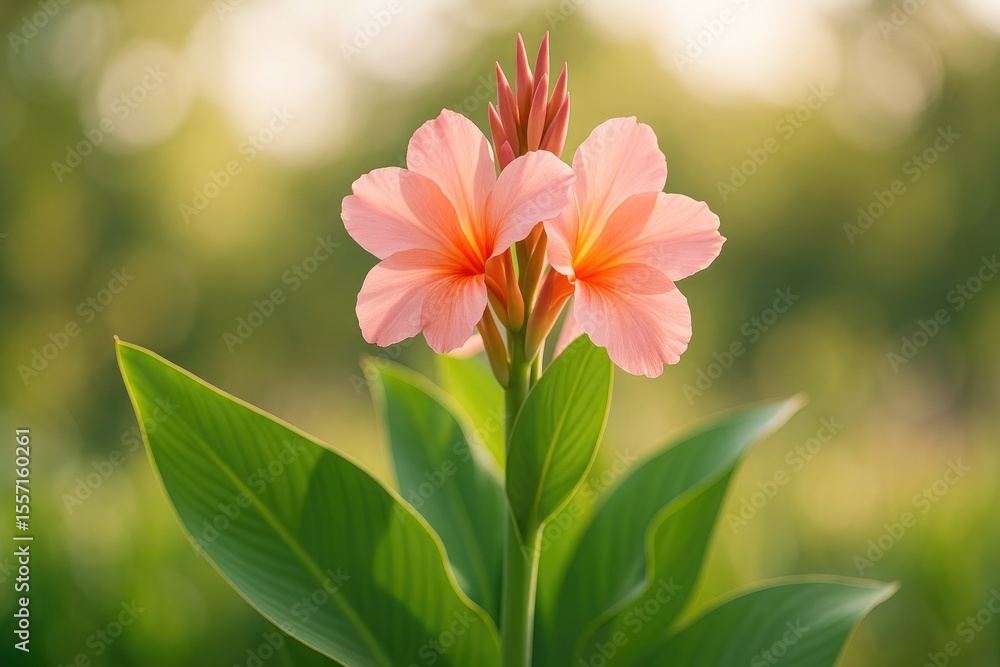 Vivid pink sunburst flower with lush green foliage captured in the afternoon against a soft-focus backdrop