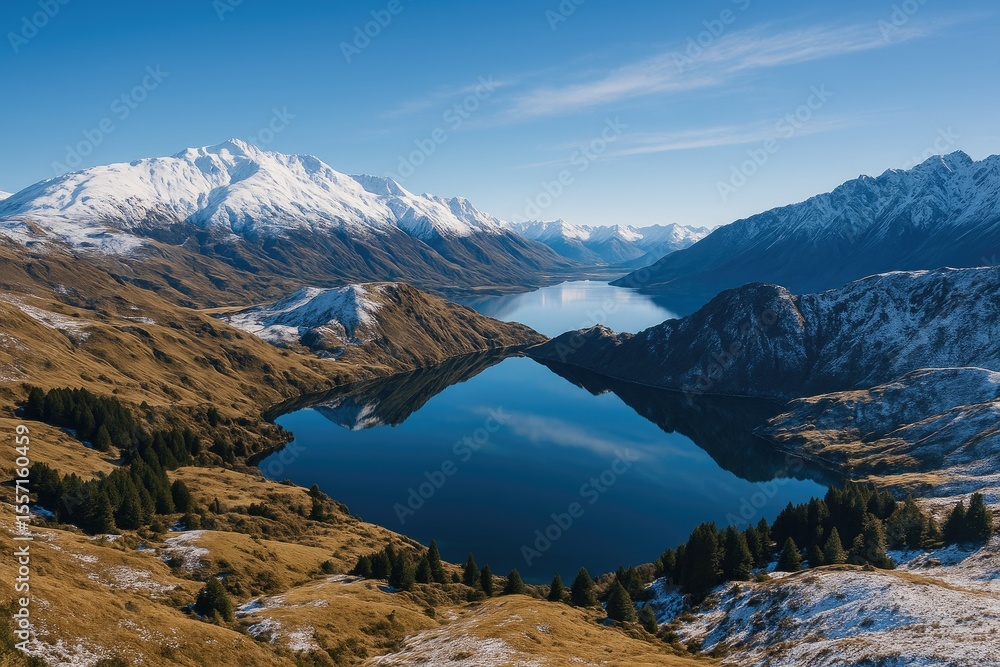 Obraz premium Experience winter magic with snowy peaks, mirrored lakes, and breathtaking vistas from a renowned mountain range on the southern island of Oceania