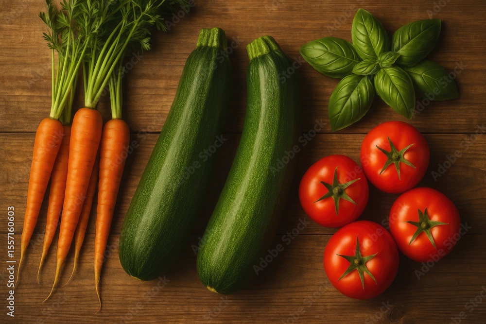 Vegetables and herbs arranged on a rustic wooden surface in a warm-toned photograph Vegetables and herbs arranged on a rustic wooden surface in a warm-toned photograph