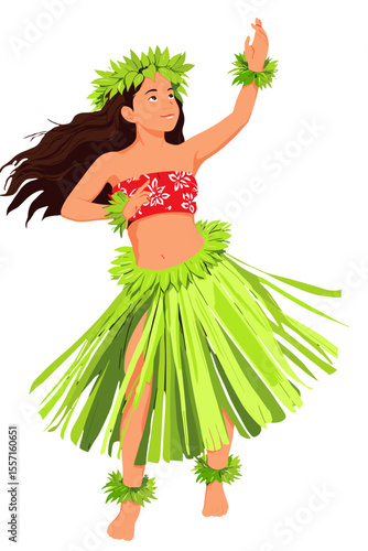 Polynesian Girl Performing Traditional Hula Dance in Island Costume